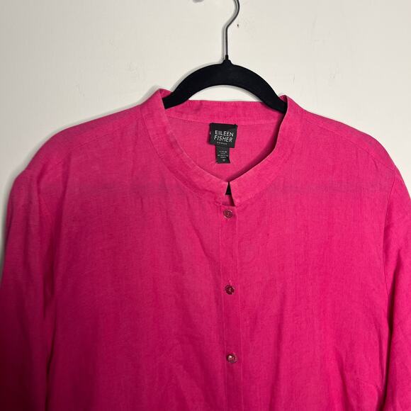 Eileen Fisher Blouse Womens 1X Plus Pink Irish Linen Mandarin Collar Button Down - Picture 3 of 10